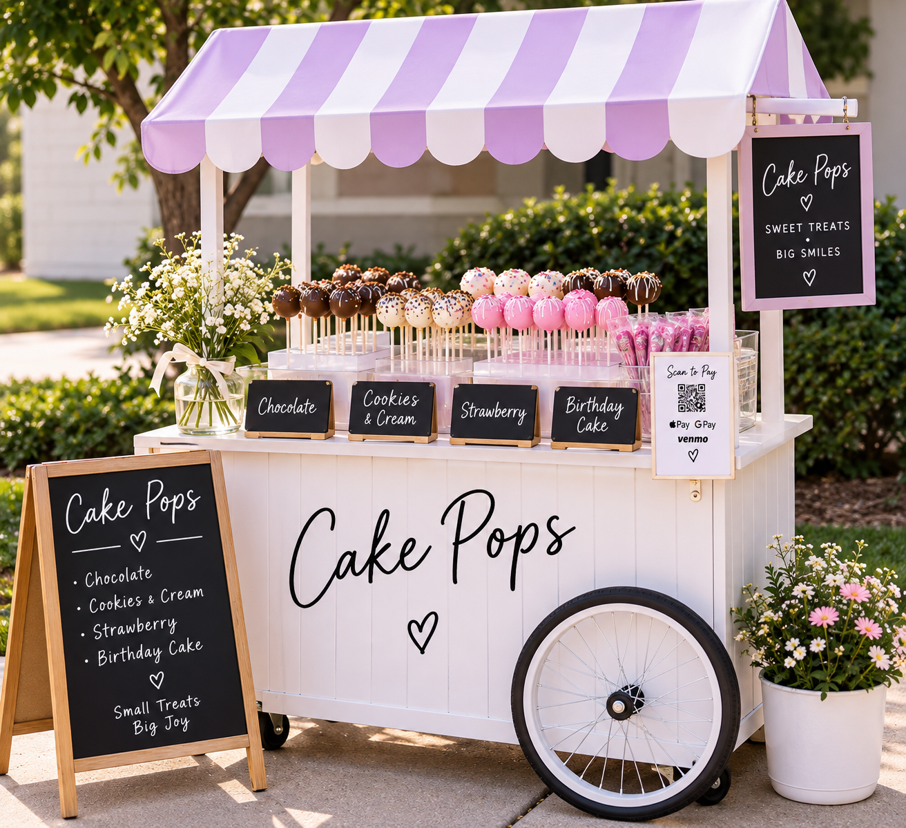 Pastel self-serve cake pop stand displaying assorted cake pops with a striped canopy and payment sign