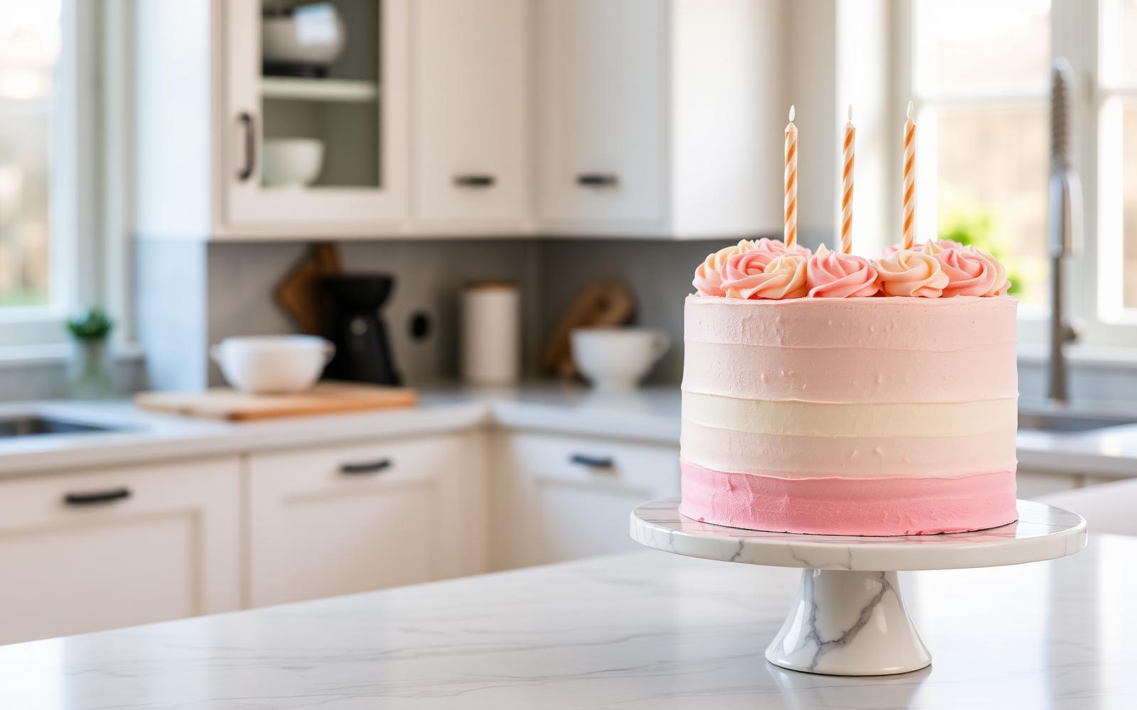 A pastel buttercream celebration cake on a marble stand in a bright home kitchen