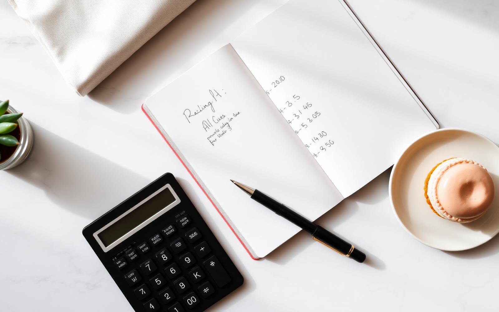 Calculator, pricing notebook, and pastries on a marble surface, home baker business planning