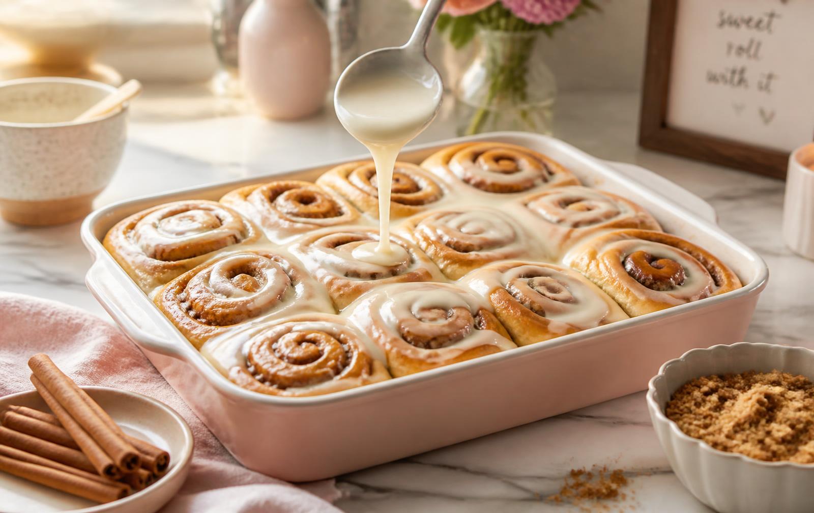 A pan of homemade cinnamon rolls being drizzled with cream cheese icing on a marble counter