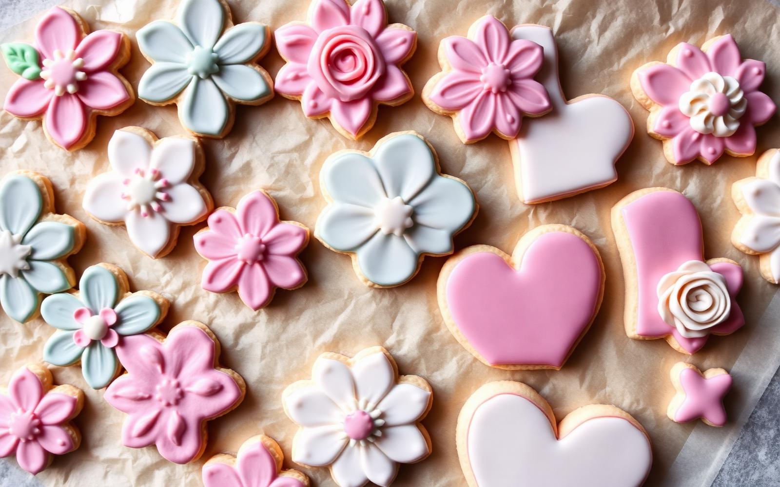 Beautifully decorated custom royal icing sugar cookies on parchment