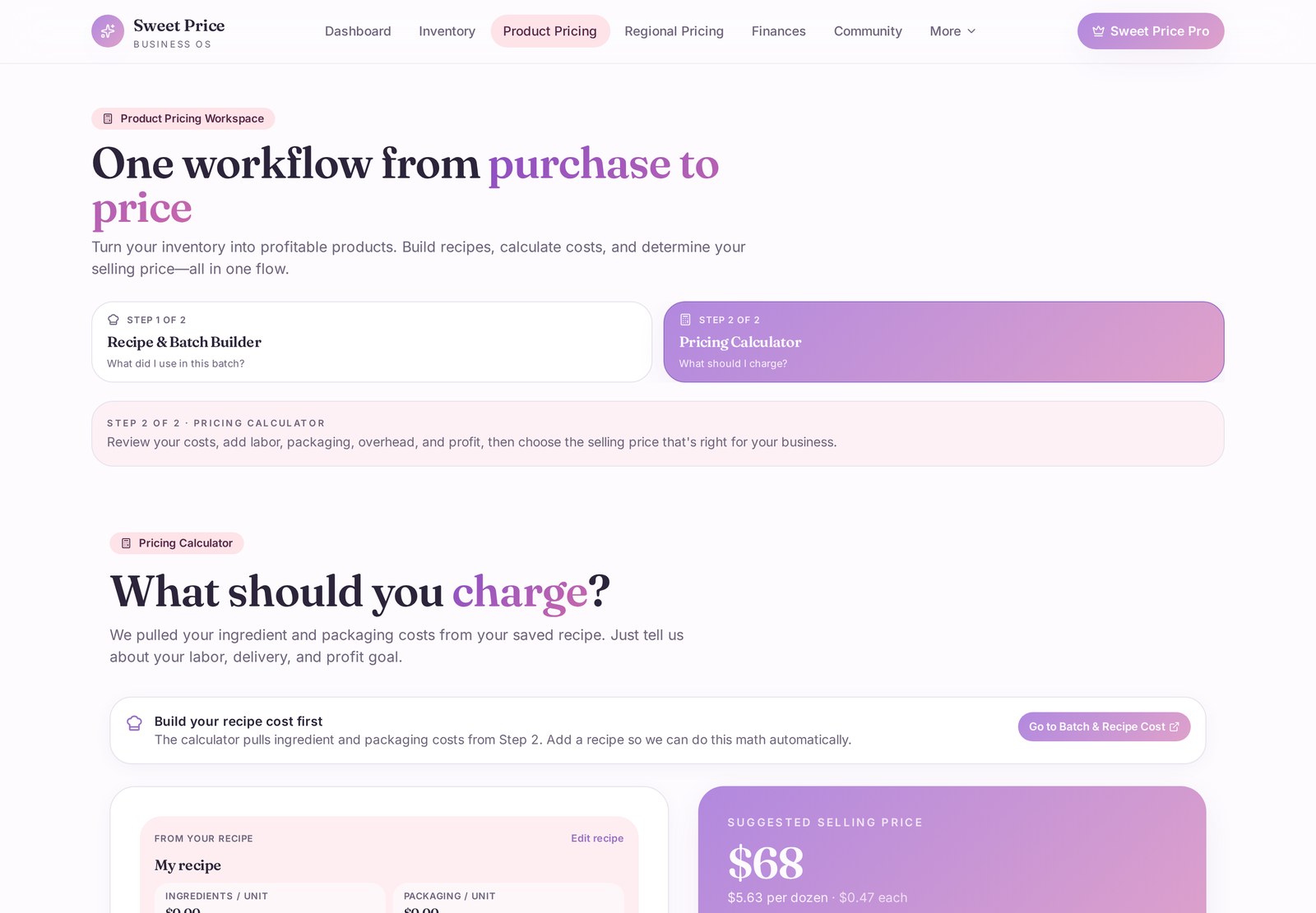 Sweet Price OS product pricing calculator showing suggested selling price and breakdown