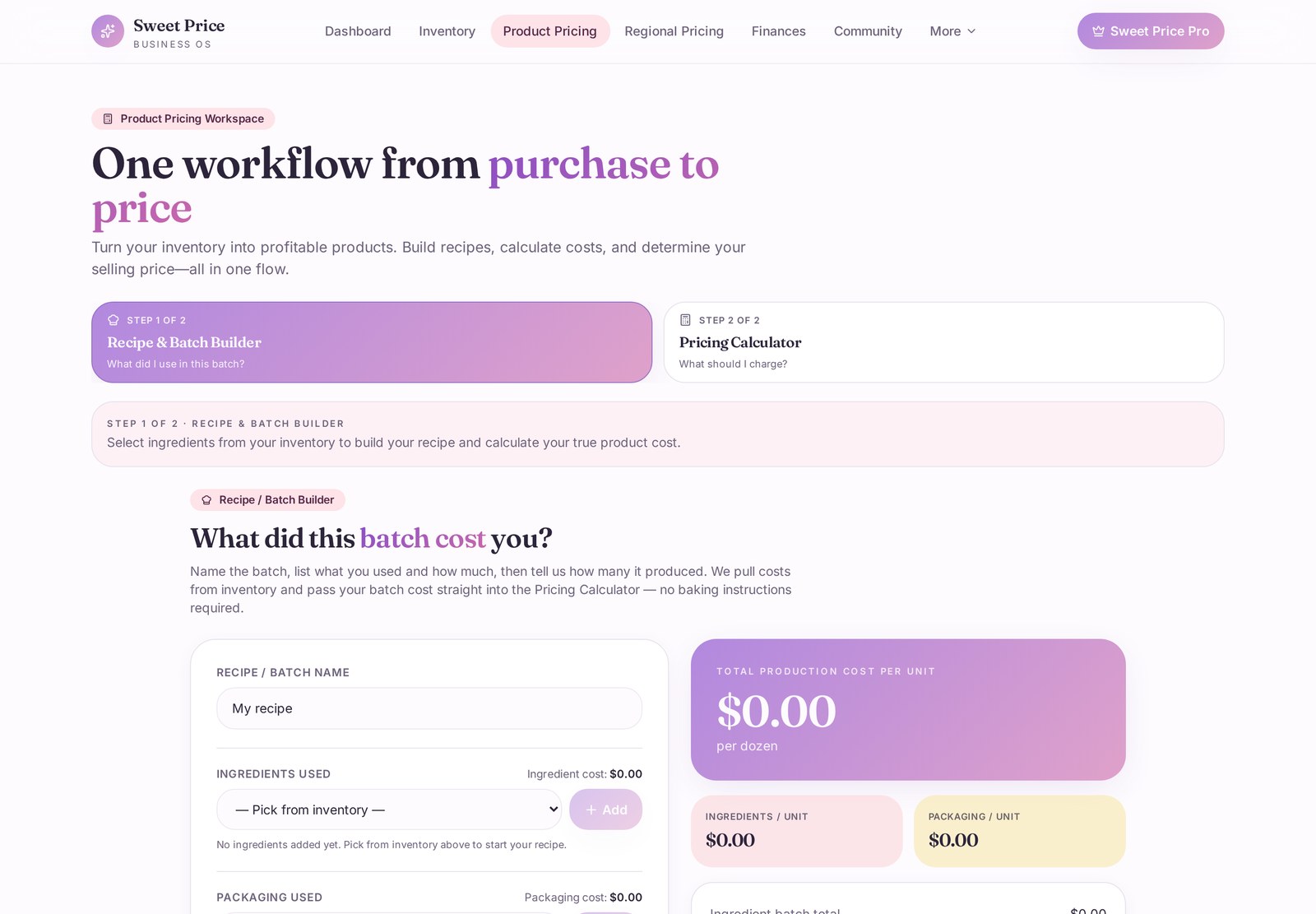 Sweet Price OS recipe builder with ingredients and live batch cost breakdown