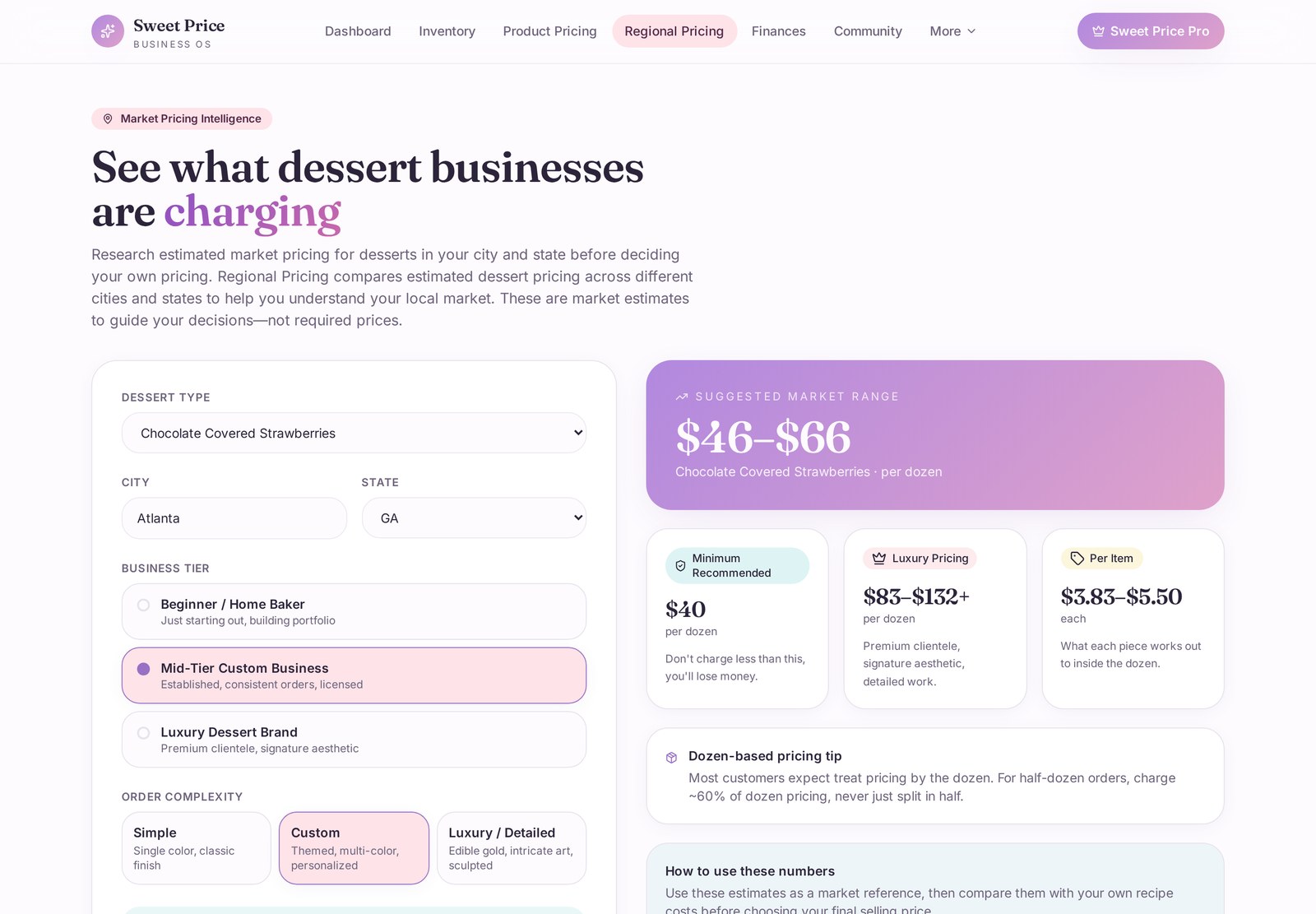 Sweet Price OS regional pricing explorer comparing your price to local market range